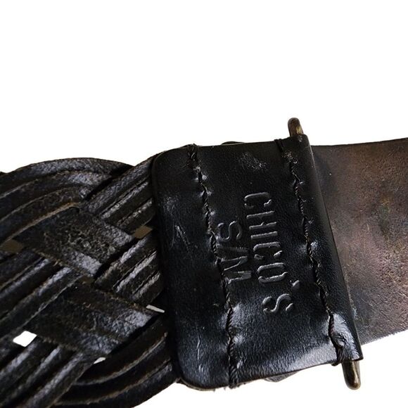 Chico’s- Black Braided Leather Ornate Rising Sun Big Buckle Medallion Belt, S/M - Picture 4 of 9